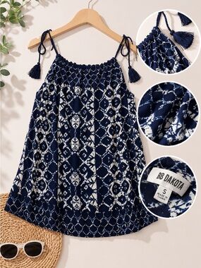BB Dakota Small Navy White Printed Tassel Tie Sleeveless Boho Tank Top